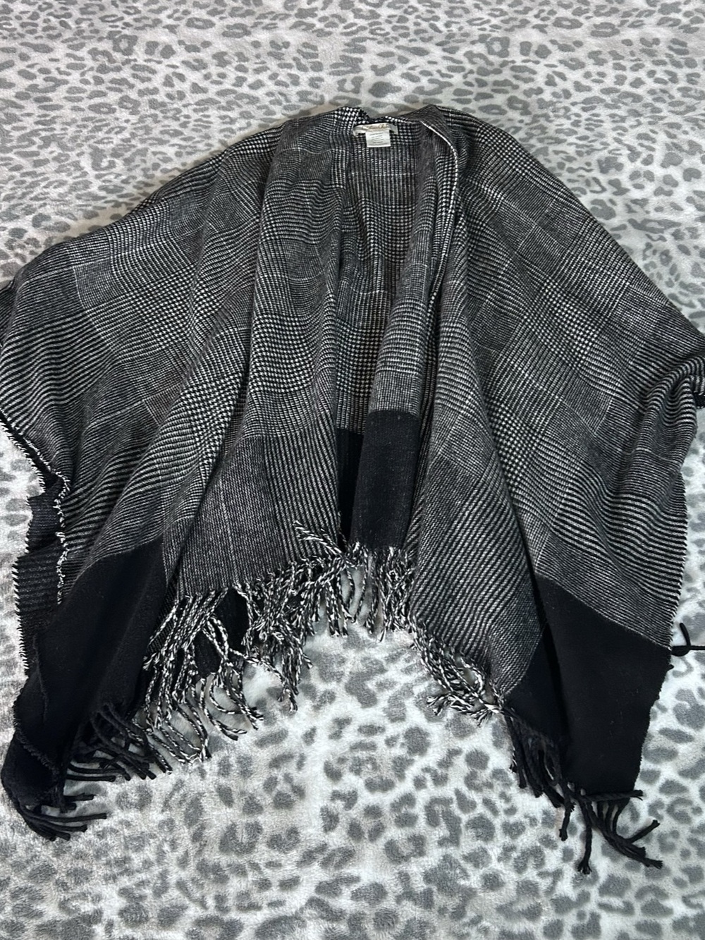 Cristina Chiti Plaid Fringe Open Front Poncho in Black & Gray